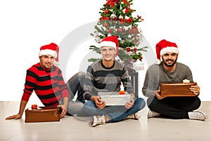 Friends men with Christmas gifts