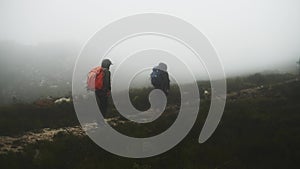 Friends, men and hiking or freedom in outdoors, fitness and adventure in nature or outside. People, explore and trekking