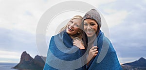 Friends, mountain and portrait of women with blanket in winter for adventure on holiday, vacation and weekend. Nature