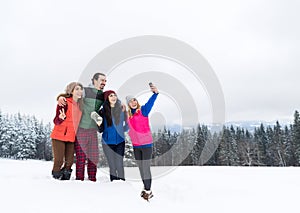 Friends On Mountain Top Taking Selfie Photo Winter Snow Forest, Happy Smiling Young People Group