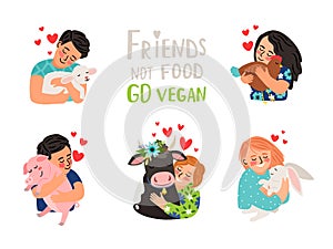 Friends not food. Go vegan. Little kind kids hug small baby animals and shows their love to them. Nature respect concept