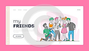 Friends Party with Drinks, Friendship Landing Page Template. Cheerful Young People Rejoice Laugh and Drinking Cocktails