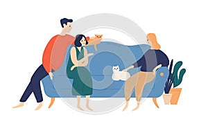Friends, people on sofa flat vector illustration. Friendship, coziness, domestic atmosphere concept. Family rest with