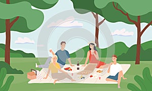 Friends at picnic. Happy young men and women having lunch together outdoor, rest to nature summer vacation cartoon vector
