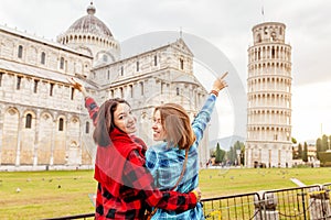 Friends in Pisa, Travel in Italy, group tourists and friendship concept