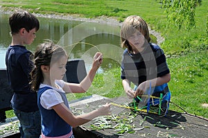 Friends  play with natural material