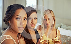 Friends, portrait and elegant with champagne in hotel, confidence and bonding together for gala event. Happy women