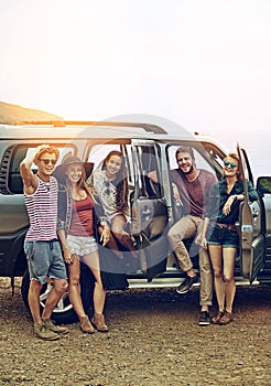 Friends, portrait and road trip in car for travel, together and journey with explore, adventure or vacation. People