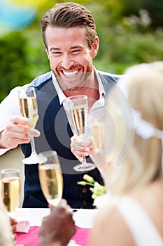 Friends Proposing Champagne Toast At Wedding photo