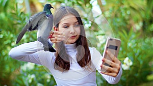 Friends read the chat, Comrades use social Networks. A dove flew to a human hand for food. The girl feeds the birds and happily ta