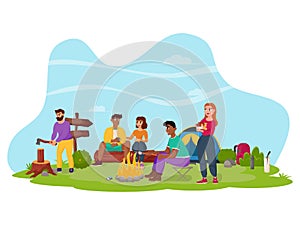 Friends relax in nature. Summertime camping, hiking, camper, adventure time concept. Flat vector illustration for poster