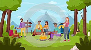 Friends relax in nature. Summertime camping, hiking, camper, adventure time concept. Flat vector illustration for poster