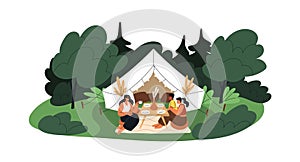 Friends relaxing at summer camping, glamping with tent. Tourists drinking tea at table in nature. Comfortable rest in