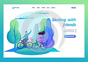 Friends ride bicycles in the forest, summer entertainment, cycling in the park. 2D Characters. Landing Page Concept