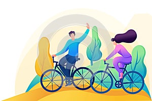 Friends ride a bike in the forest, rest, entertainment, walk, friendship. Flat 2D character. Concept for web design