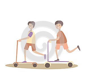 Friends ride scooters. Healthy lifestyle. Vector illustration, isolated on white.