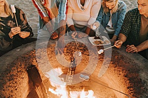 Friends roasting marshmallows for s`mores photo