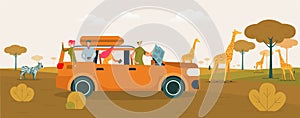 Friends Safari Trip Cartoon Vector Illustration