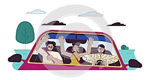 Friends scared by aggressive driving line cartoon flat illustration
