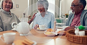 Friends, senior people and drinking tea and laughing at table in a retirement home. Elderly women and a man with coffee