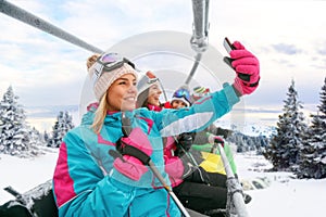 Friends skiers enjoying in the slopes and making selfie