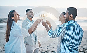 Friends, smile and toast with champagne on beach, having fun and bonding at sunset. Ocean, group and people cheers with