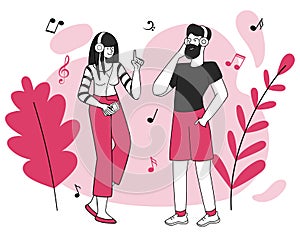 Friends, smiling young couple vector illustration. Pleasure, music enjoyment, good mood. Boy and girl with earphones
