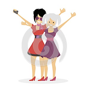 Friends socialite fashionista girls doing selfie. The woman clubber. Character vector flat illustration people.