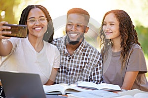 Friends, students and group selfie at park while studying together. University scholarship, photography and people, man