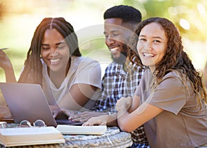 Friends, students and group studying with laptop at park outdoors. Education scholarship, learning portrait and happy