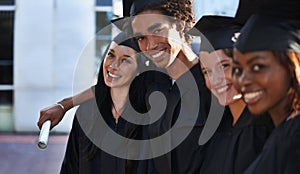 Friends, students and portrait at graduation, embrace and united for university success or achievement. People, smile