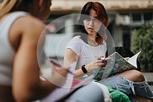 Friends Studying Together Outdoors in Urban City