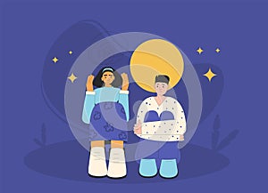 Friends support and care. Two teenagers sitting and talking about problems at night. Girl and boy characters friendship. Vector