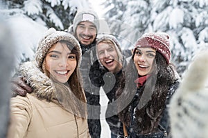 Friends Taking Selfie Photo Smile Snow Forest Young People Group Outdoor