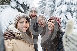 Friends Taking Selfie Photo Smile Snow Forest Young People Group Outdoor