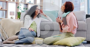 Friends, talking and women on floor in conversation, gossip and chatting together at home. Communication, happy and