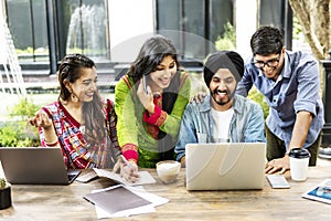 Friends Technology Devices Smiling Indoors Concept