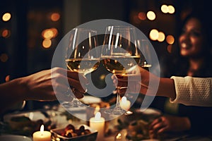 Friends toasting white wine in restaurant. Happy young people with cocktails at pub. AI generated