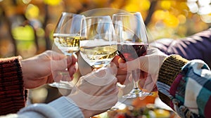 Friends toasting with wine glasses at an outdoor autumn gathering. Vibrant fall colors highlight a cheerful day. Casual