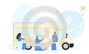 Friends travelling by car. Caravan, camper trailer with people. Road trip on outdoor vacation. Summer holiday journey. Vector flat