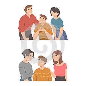 Friends trying to comfort and encourage their sad friend set. Empathy and compassion cartoon vector illustration