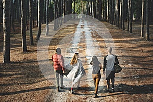 Friends Walking Outdoors Forest Concept