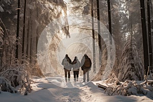 Friends walking in the snow in the winter forest. Winter landscape, Best agers enjoying a winter walk, snowy forest, AI Generated photo