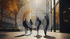 Friends walking in the street. View from their back.