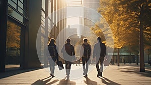 Friends walking in the street. View from their back.