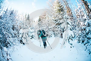 Friends in the winter trekking in the mountains