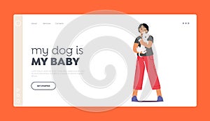 Friendship with Animal Landing Page Template. Girl Embrace Small White Puppy, Child Character Cuddle with Home Pet