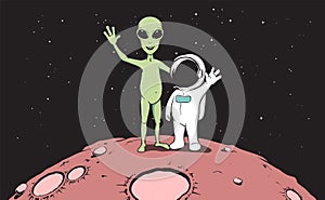 Friendship of astronaut and alien.Color version