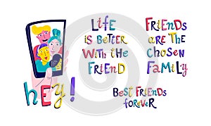 Friendship Celebration Selfie Illustration in Vibrant Hand-Lettering Style