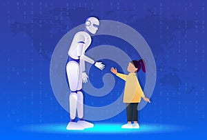 Friendship of a child and a robot. Little girl pulls a hand to the robot. Android, cyborg, humanoid robot, friendship concept,